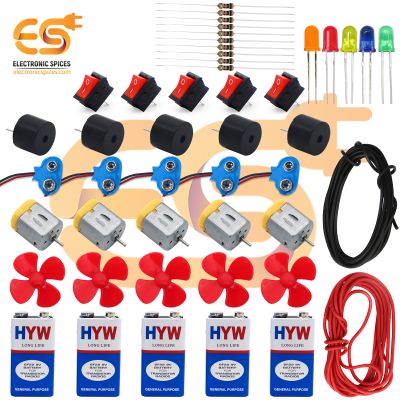 DIY Electronics Kit with Motors, Propellers | Switches | LEDs | Buzzers & Battery Components (35+ Items)